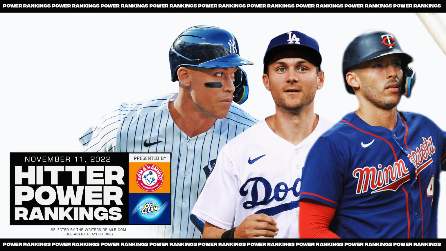 Aaron Judge, Trea Turner and Carlos Correa against a white background