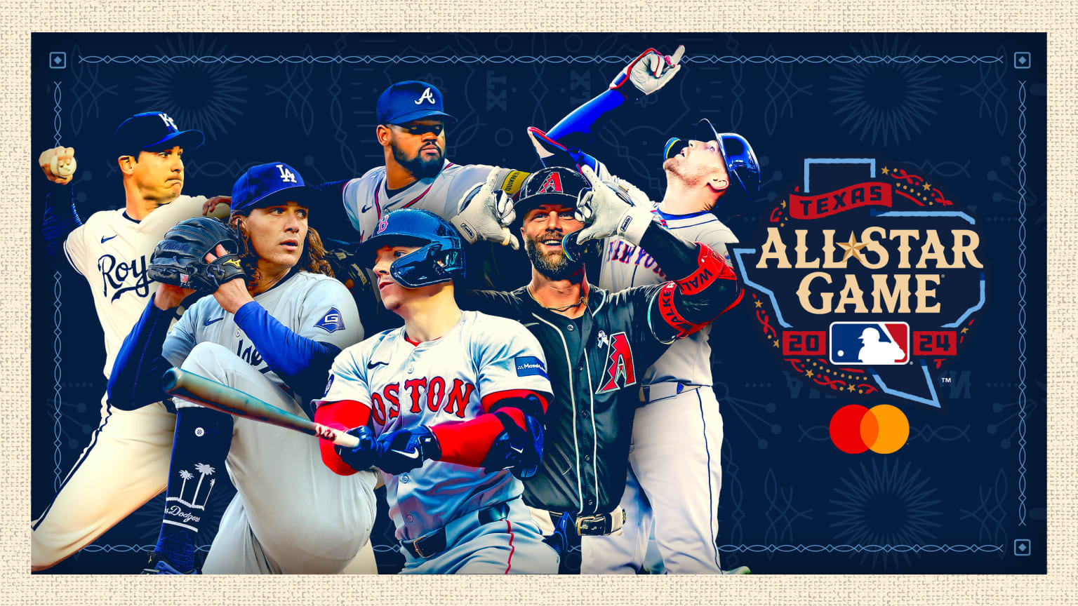 Seth Lugo, Tyler Glasnow, Reynaldo López, Tyler O'Neill, Christian Walker and Brandon Nimmo with the All-Star Game logo