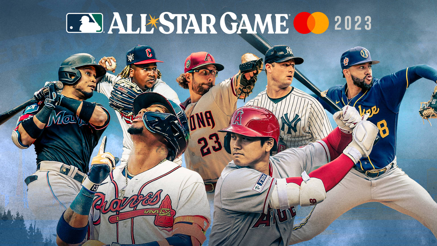 Seven All-Stars are pictured with the All-Star Game logo