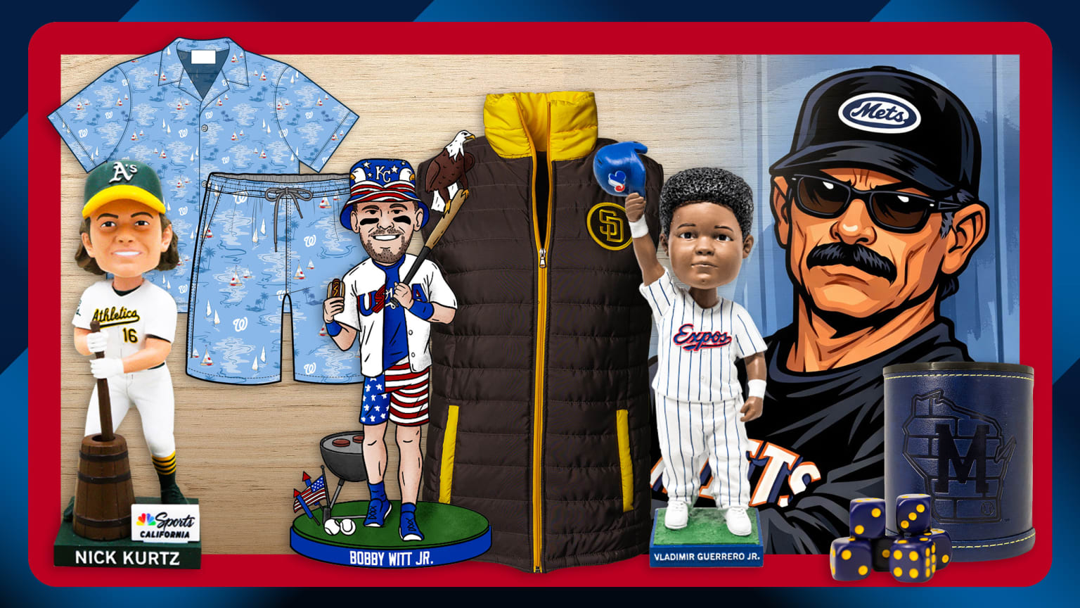 A collection of some of this season's top ballpark giveaways, from bobbleheads to clothing to dice games