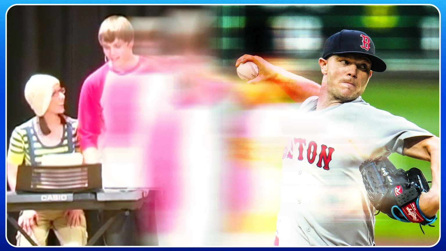 A combo image showing Sonny Gray acting in a musical in high school and pitching for the Red Sox