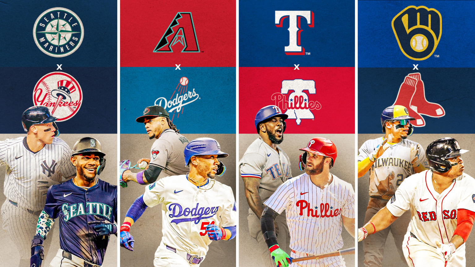 Mariners-Yankees, Diamondbacks-Dodgers, Rangers-Phillies, Brewers-Red Sox among series to watch this week