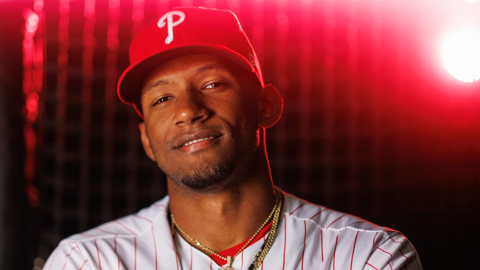 Prospect Johan Rojas posing in his Phillies uniform