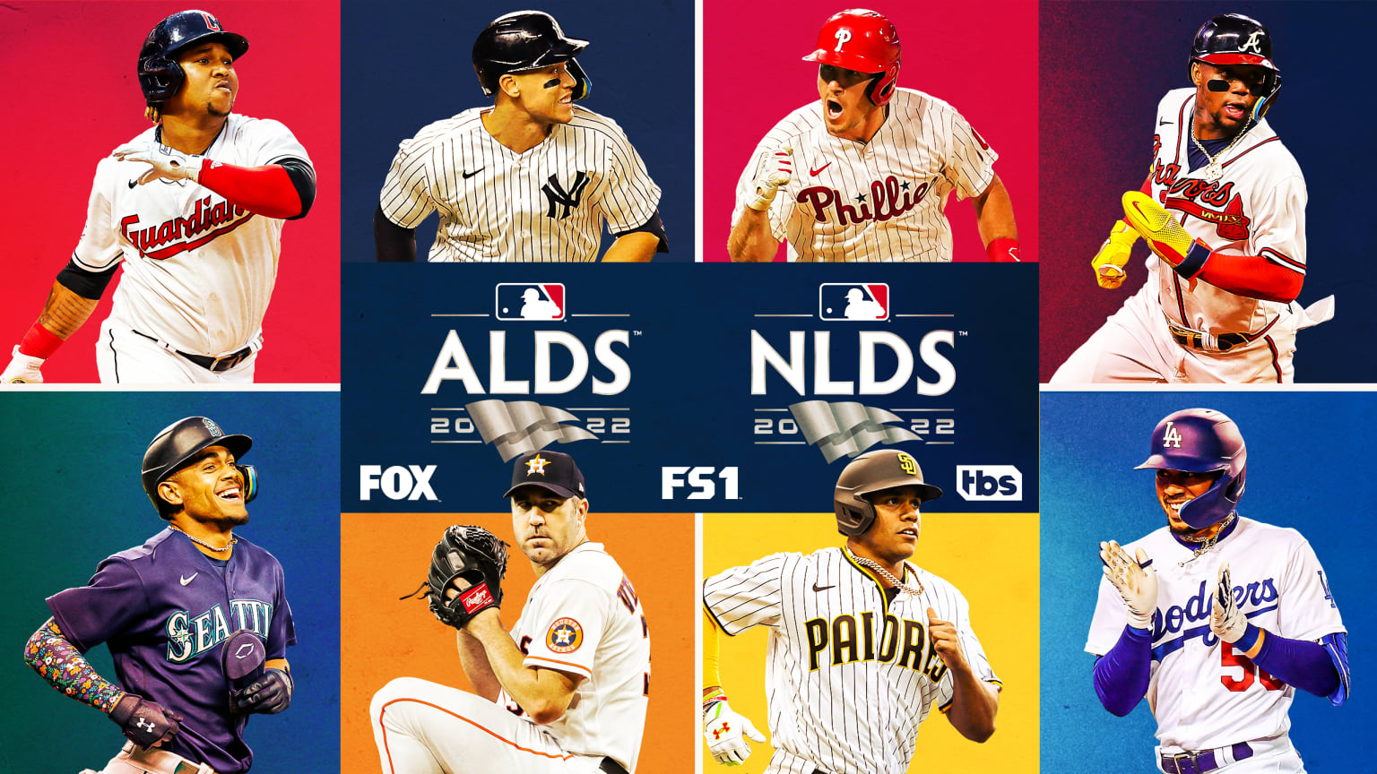 A montage shows photos of eight players with the ALDS and NLDS logos in the middle.