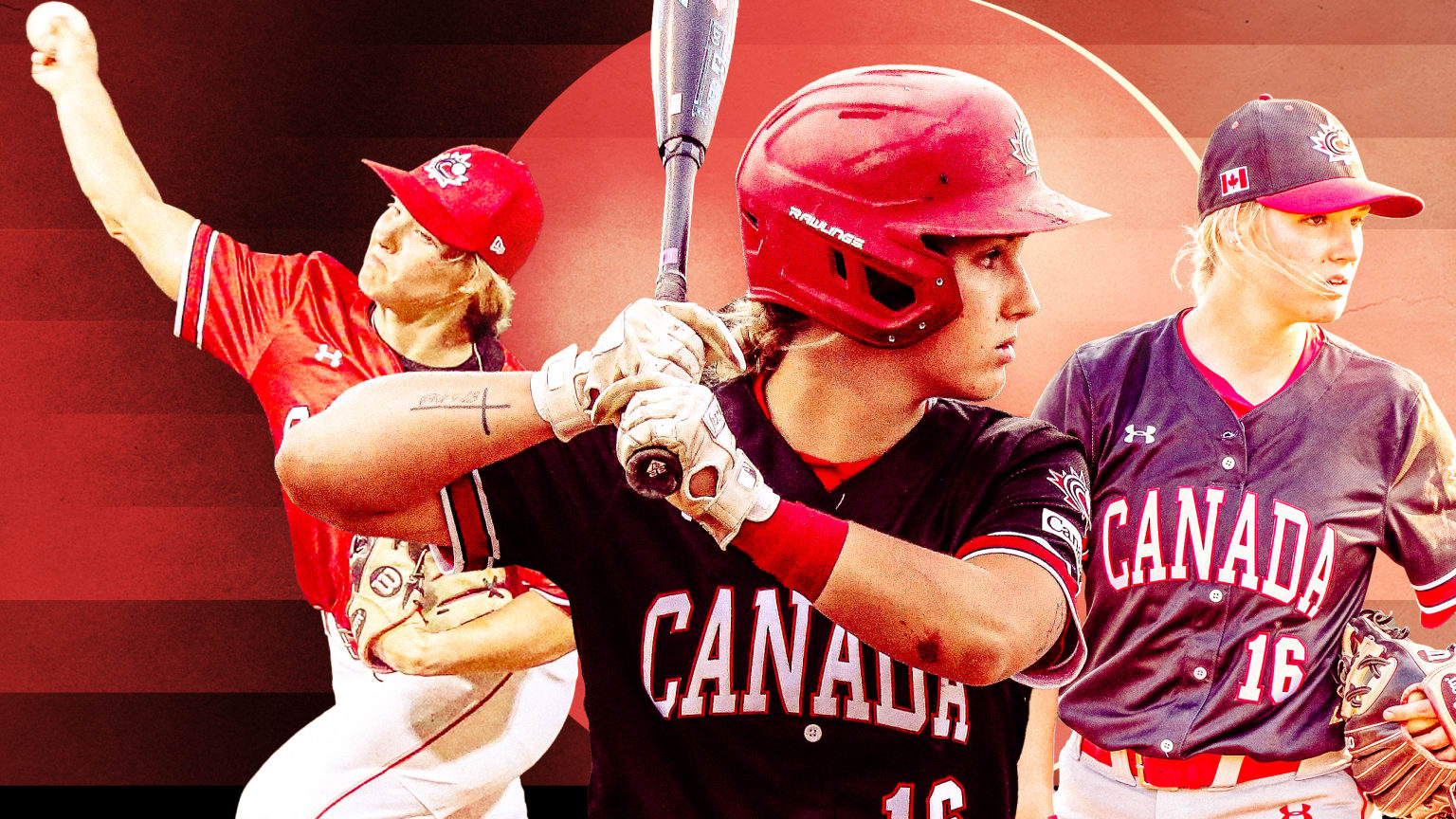 A photo illustration showing Canada's Alli Schroder pitching and hitting