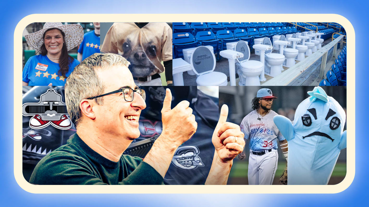 John Oliver giving two thumbs up over images of Minor League promotions