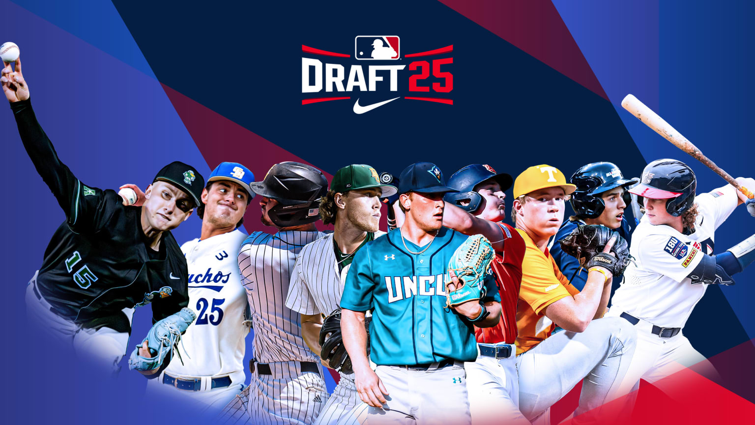 Images of 9 MLB Draft prospects with the MLB Draft logo