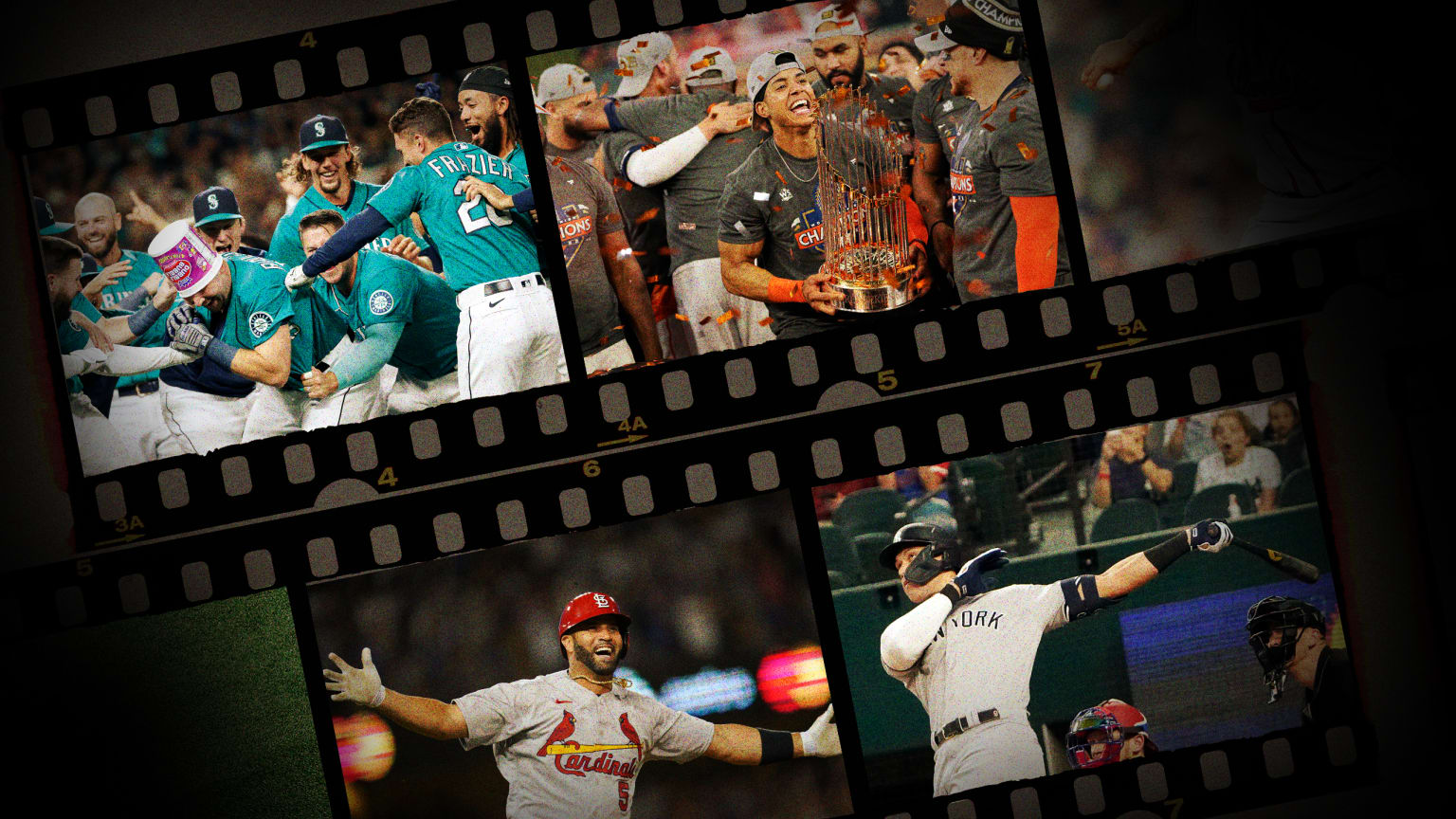 A photo illustration of a film strip featuring 4 images from the 2022 baseball season