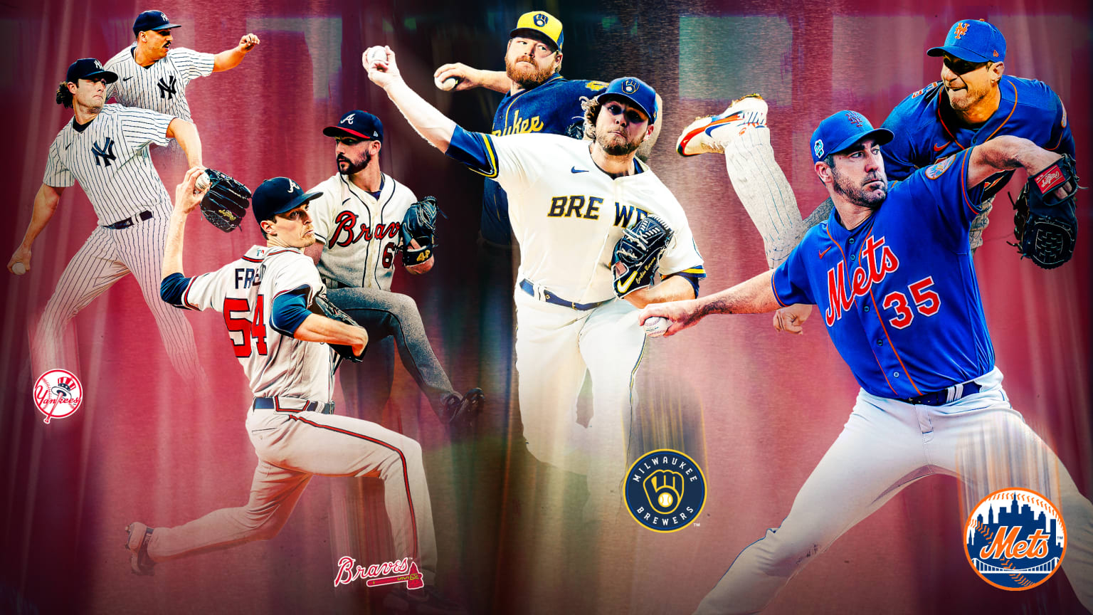 A photo illustration of two pitchers each from the Yankees, Braves, Brewers and Mets