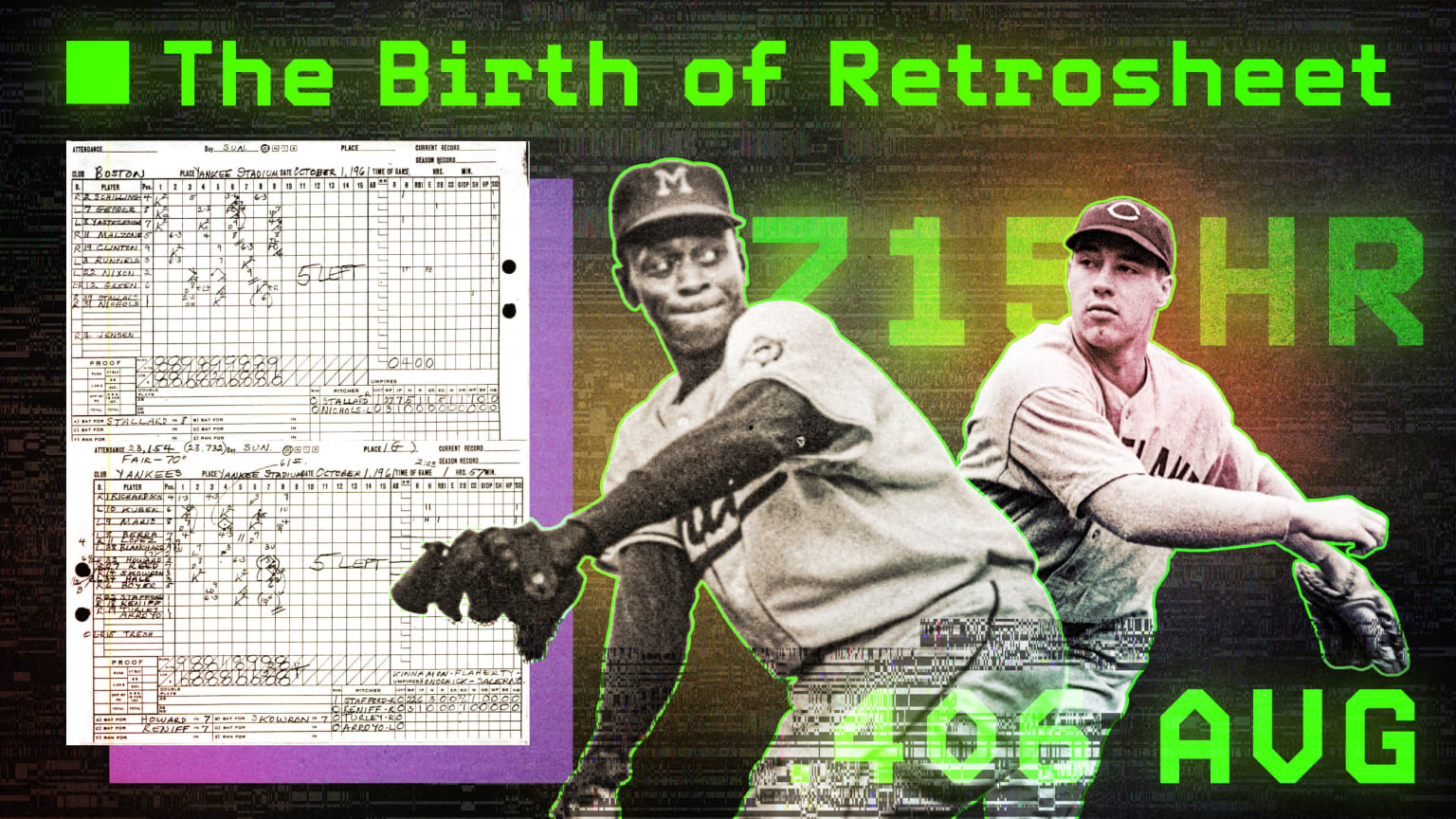 A photo illustration shows two pitchers and a scorebook with the words ''The Birth of Retrosheet'' and baseball statistics