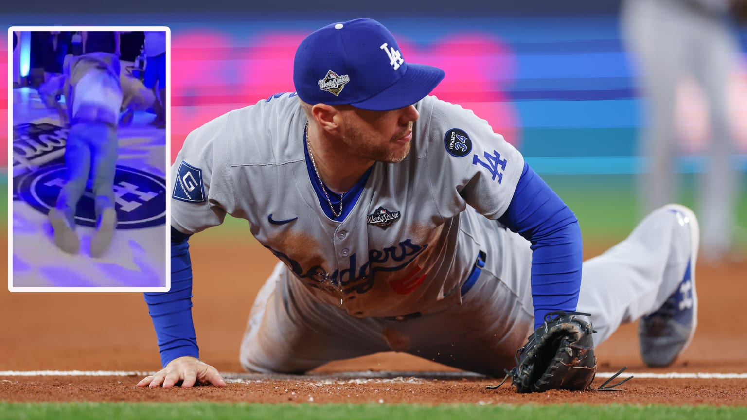 A picture of Freddie Freeman during the game with an inset of him dancing