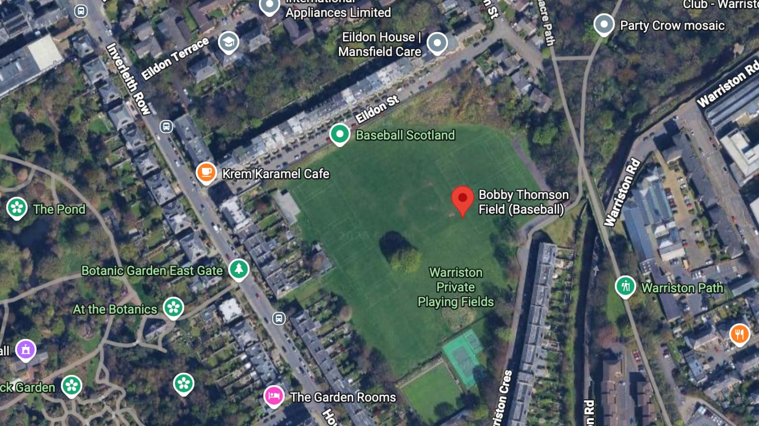 A Google Earth screenshot of Bobby Thomson Field in Edinburgh. (Though the Diamond Devils have kept the field's name, the only sign you’ll find for it is on Goo