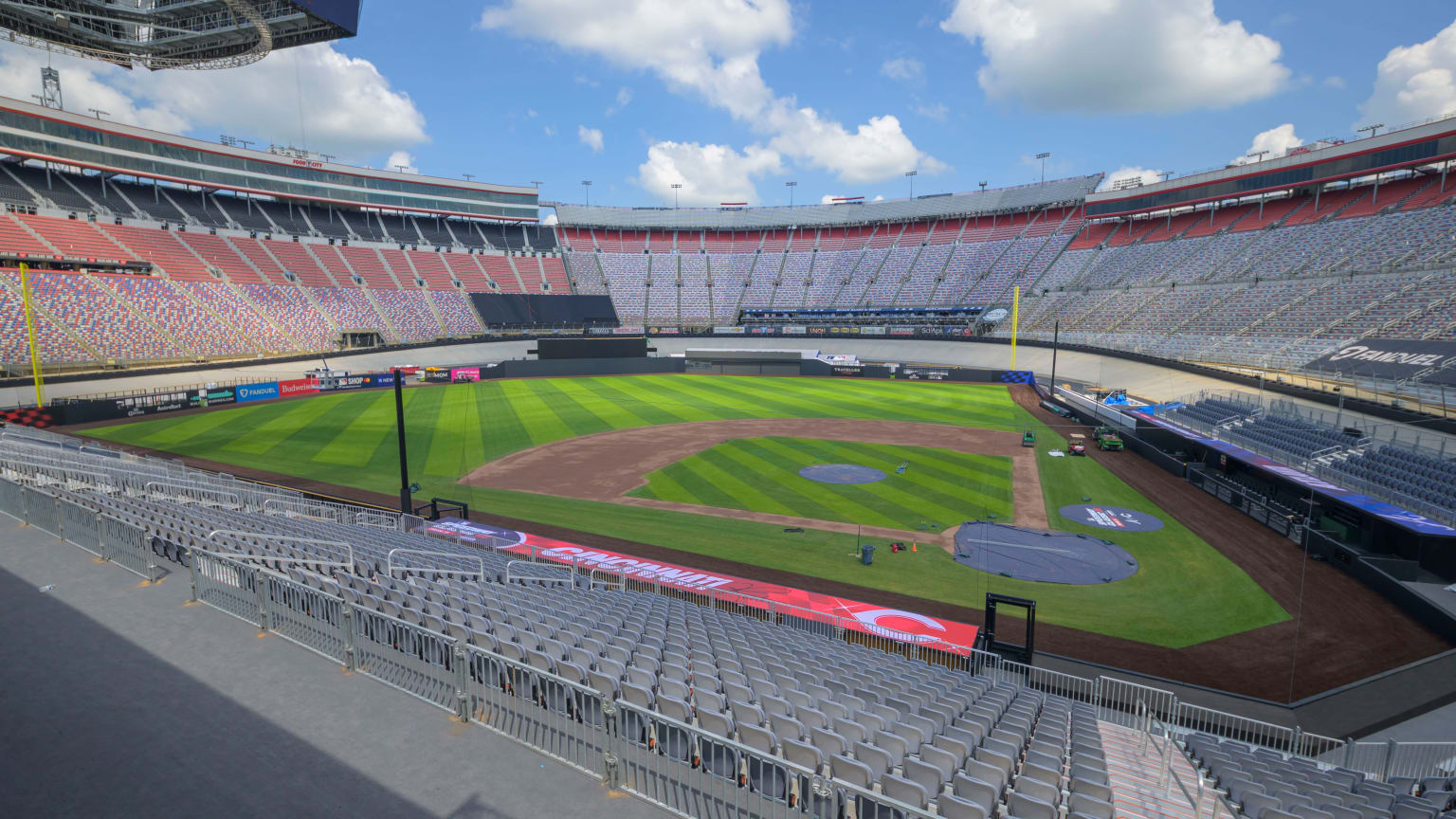 An image of the playing field for the MLB Speedway Classic at Bristol Motor Speedway