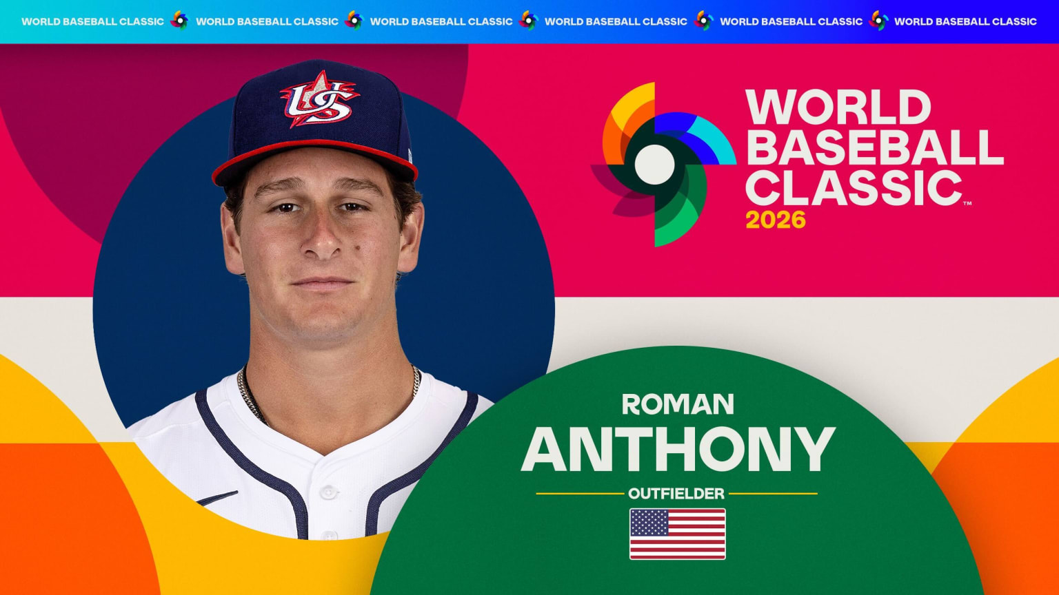 Roman Anthony in a Team USA cap next to the World Baseball Classic logo