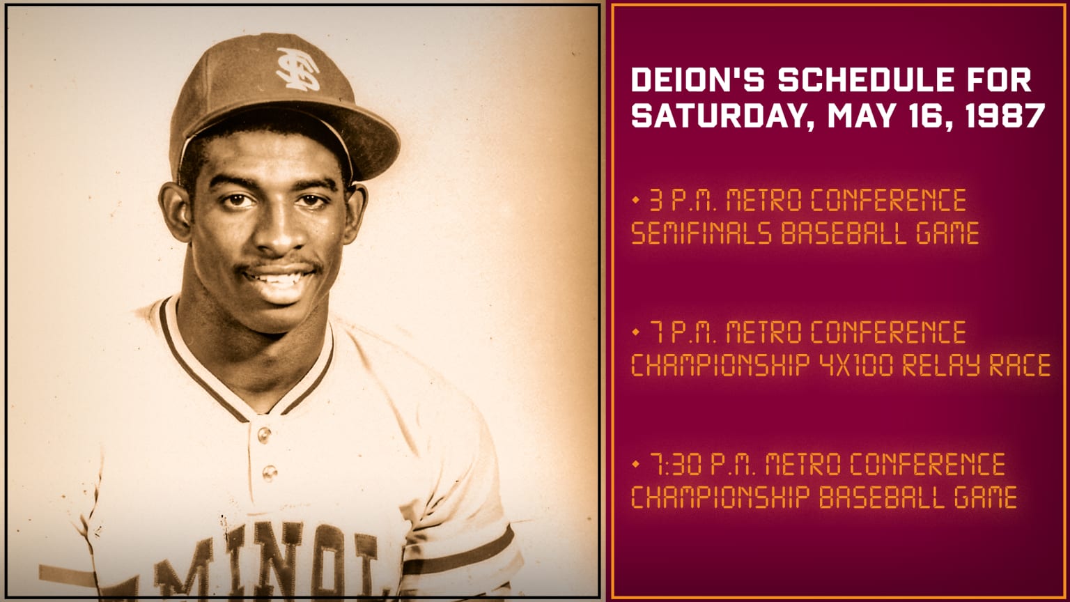 A photo of Deion Sanders in college with his schedule for May 16, 1987