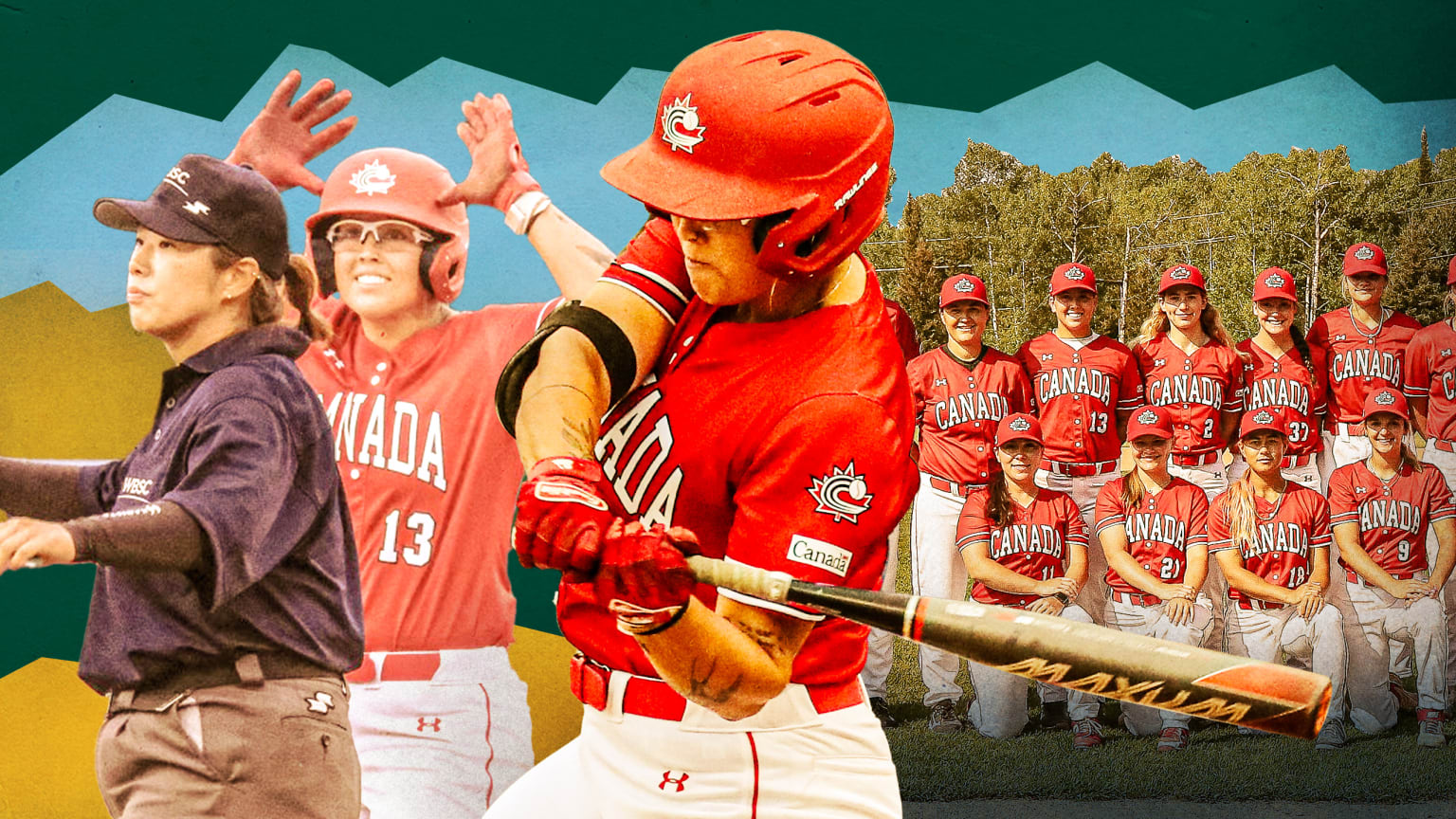 A photo illustration of Zoe Hicks playing baseball for Canada