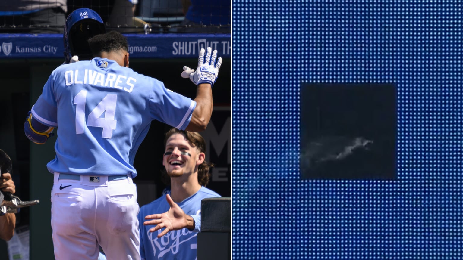 A split photo of two Royals players celebrating and smoke coming out of the scoreboard