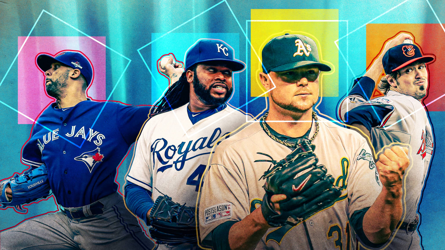 Designed art of past Trade Deadline rental players David Price, Johnny Cueto, Jon Lester and Andrew Miller