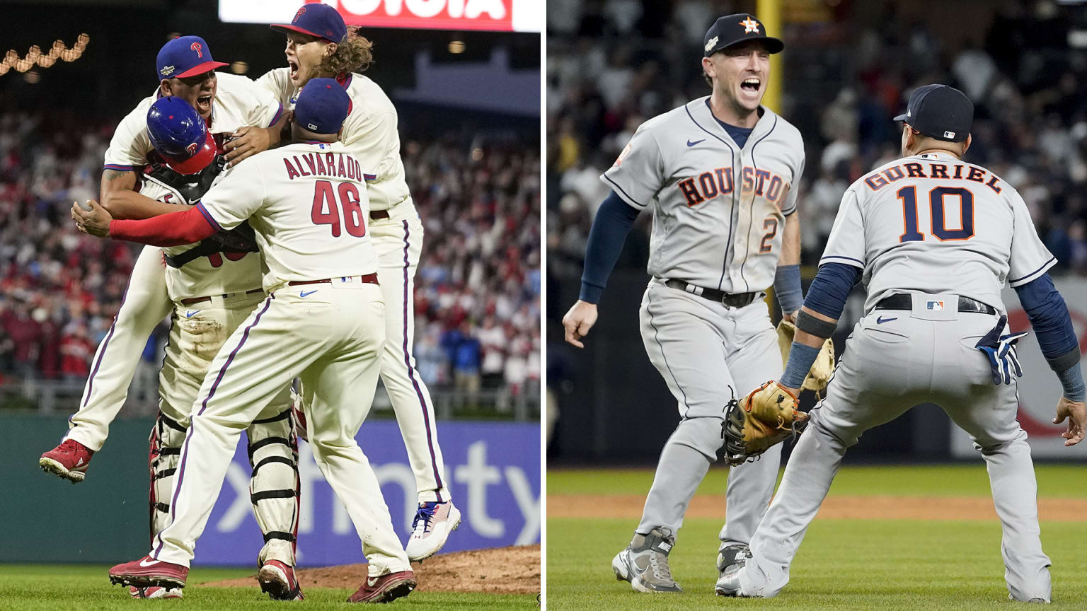 A split image showing the Phillies celebrating on the left and the Astros on the right