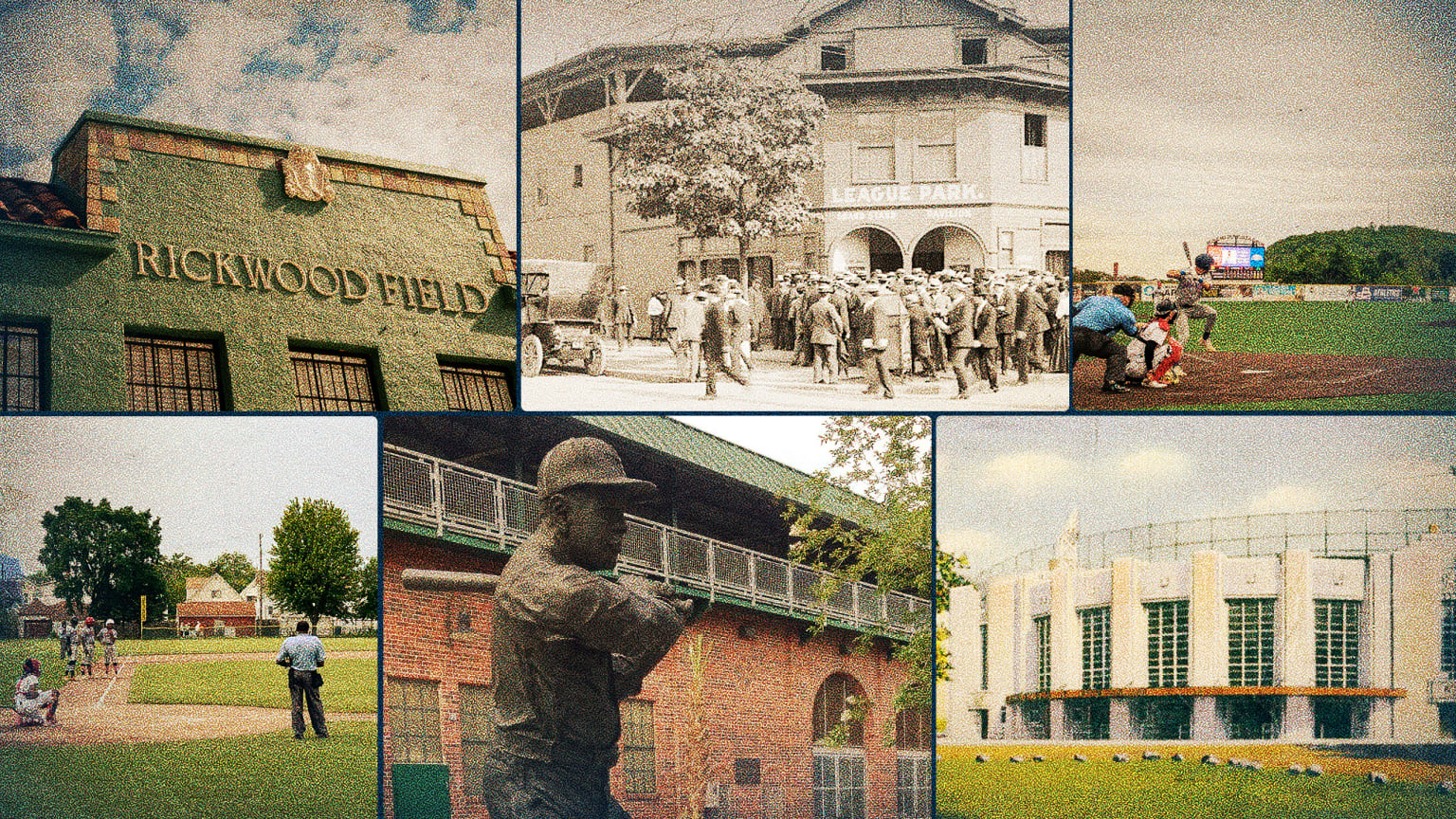 A photo montage of six Negro Leagues stadiums still standing today