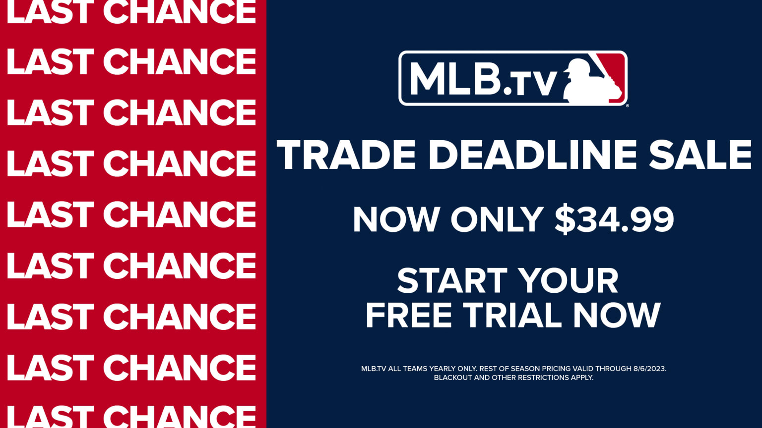 An image displays text about the MLB.TV Trade Deadline sale