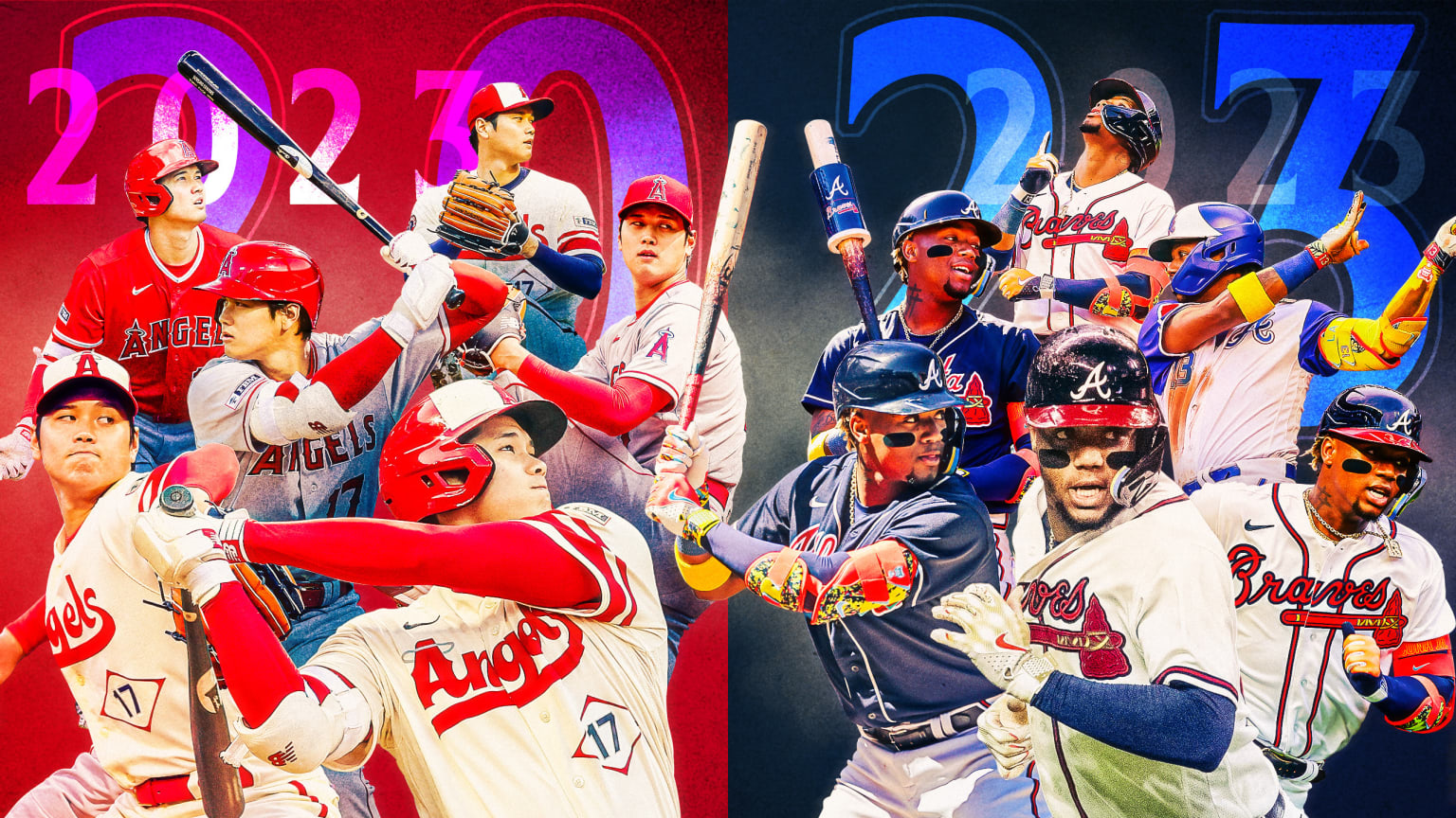 A designed image showing multiple action shots of Shohei Ohtani on the left and Ronald Acuña Jr. on the right