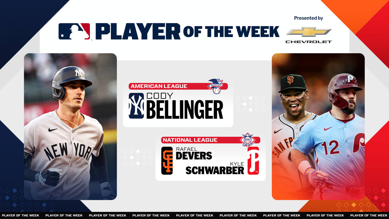 Cody Bellinger is the AL Player of the Week; Rafael Devers and Kyle Schwarber shared NL honors