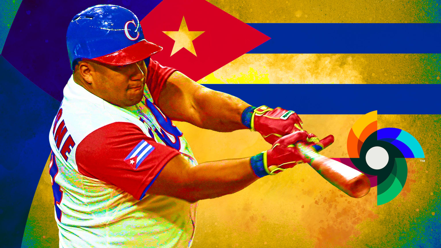 Alfredo Despaigne swings a bat with the Cuban flag and World Baseball Classic logo in the background