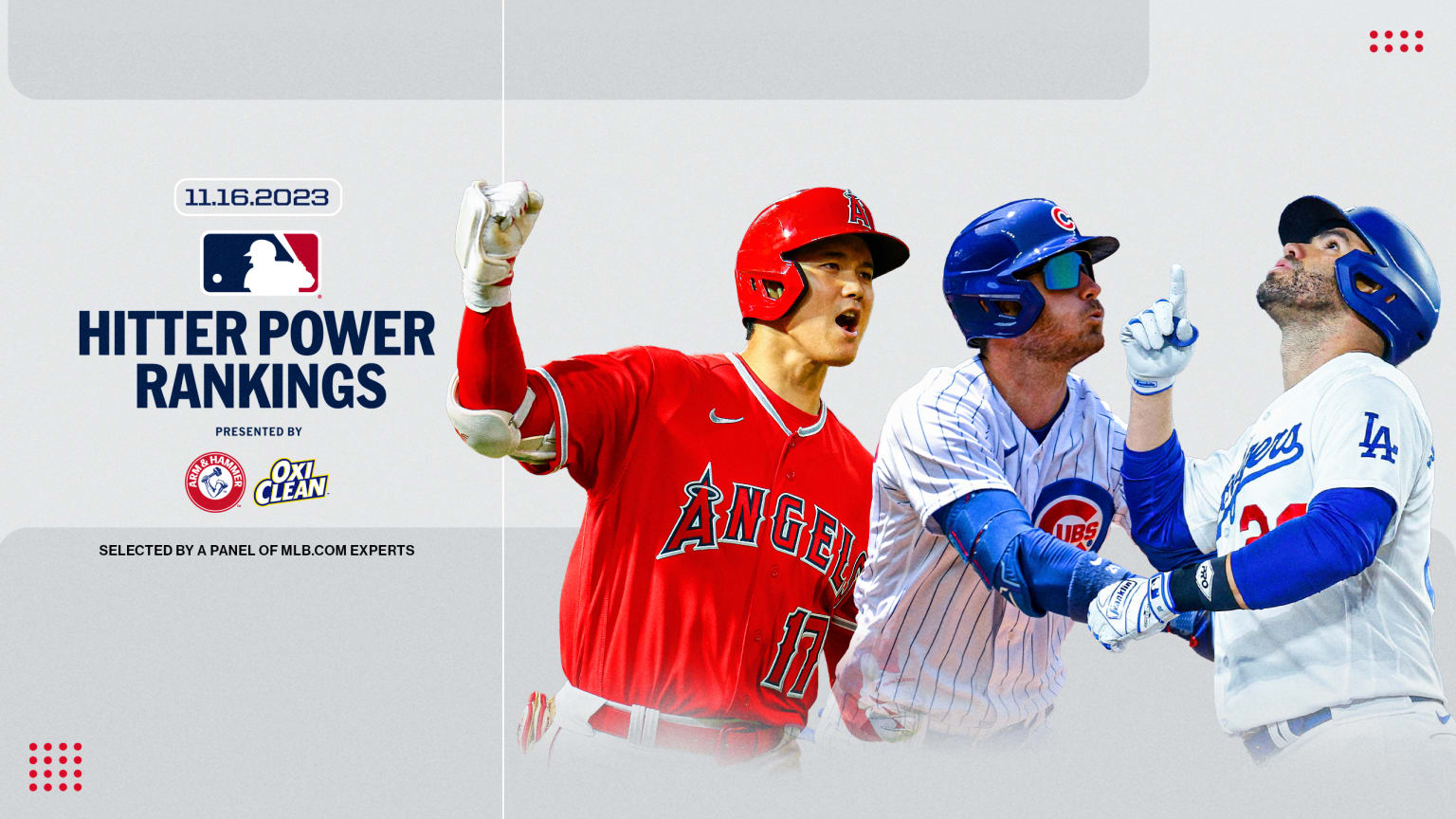 A montage of Shohei Ohtani, Cody Bellinger and J.D. Martinez with the Hitter Power Rankings logo