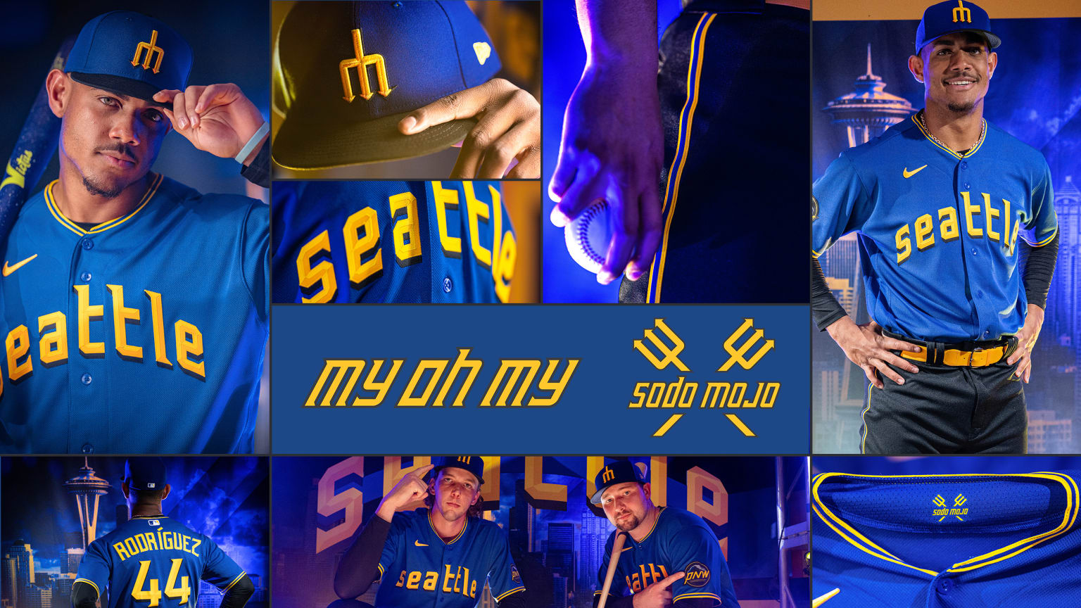 A collage shows several pictures of the Mariners' new Nike City Connect uniform