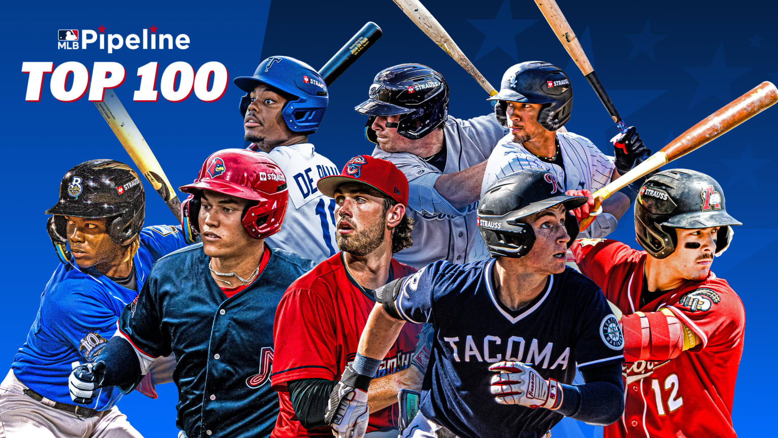 Images of eight players from the Top 100 Prospects list