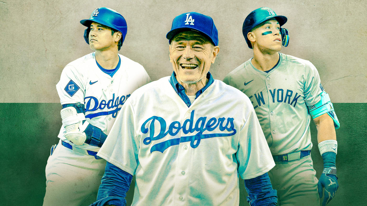 Actor Bryan Cranston in a Dodgers jersey in front of images of Shohei Ohtani and Aaron Judge