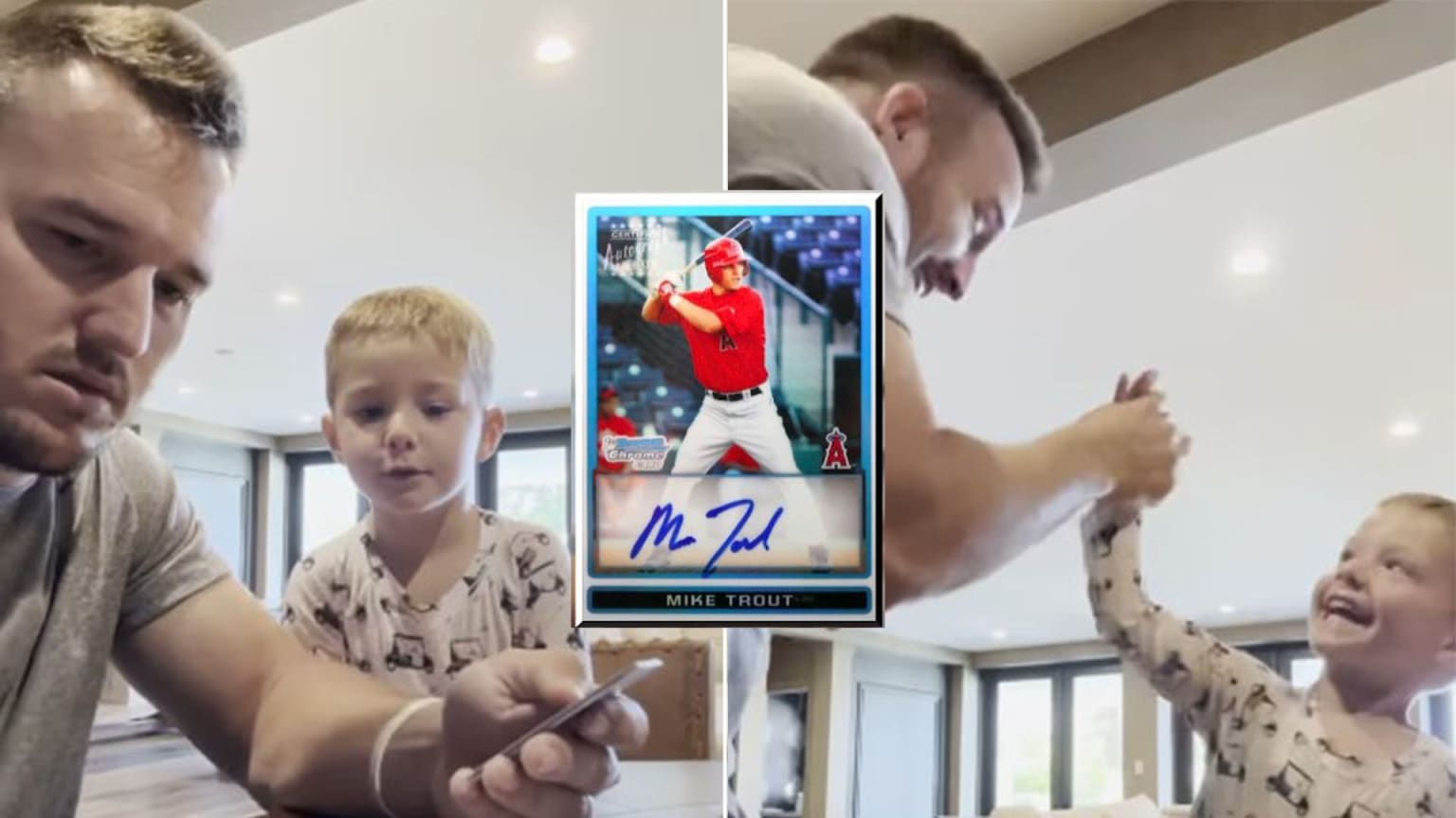 Photos of Mike Trout and his son with a Mike Trout rookie card