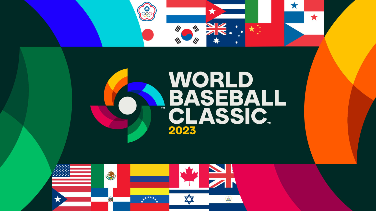 The World Baseball Classic logo and text centered in a black rectangle, with flags of the participating countries above and below it