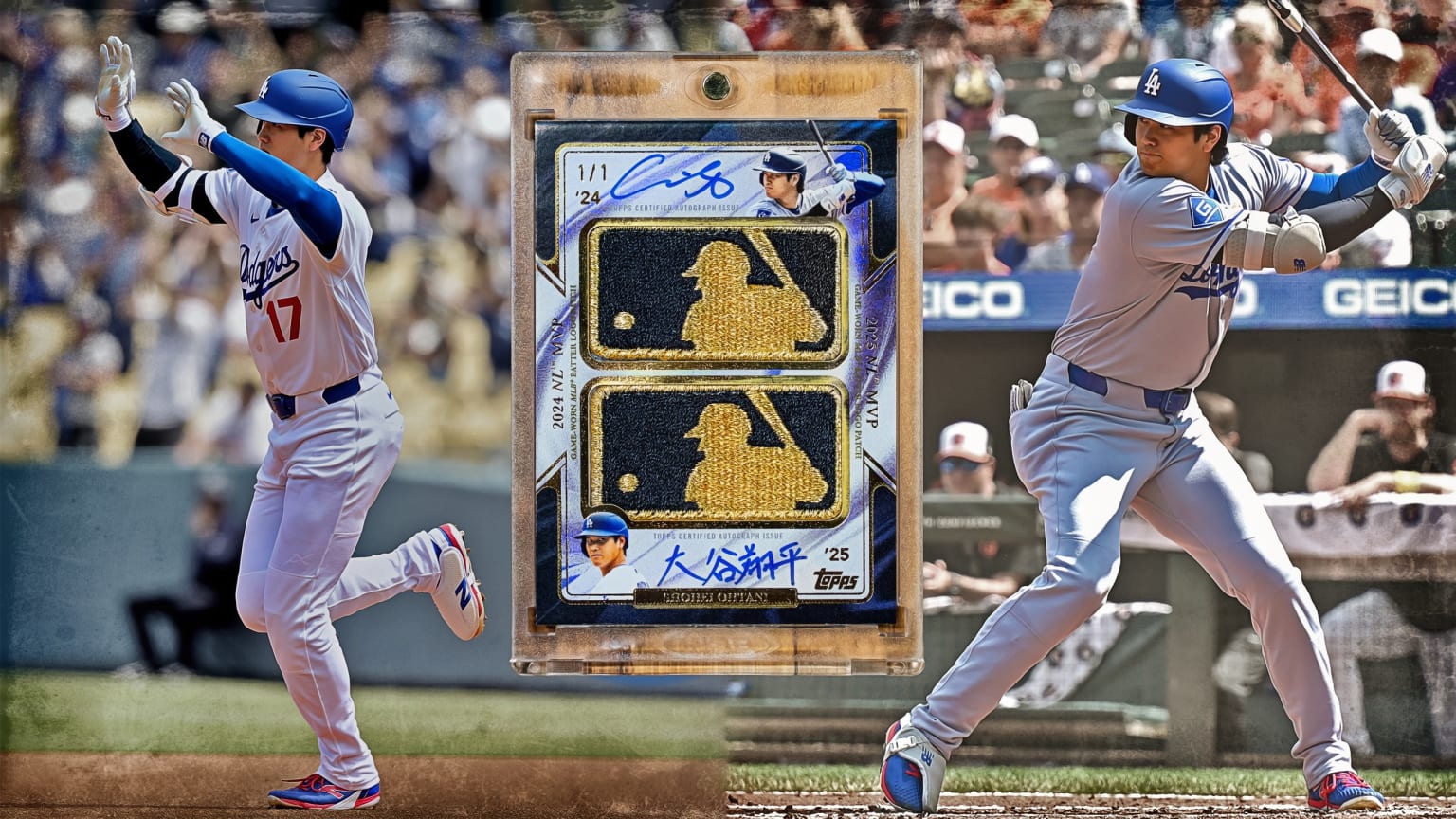 Two images of Shohei Ohtani and a baseball card featuring two game-worn jersey patches