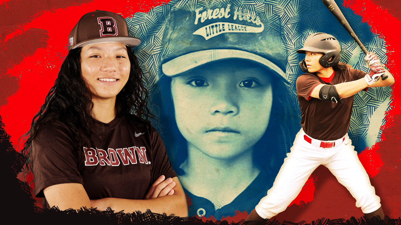 A designed image showing Olivia Pichardo posing in a Brown University uniform, a childhood photo, and Olivia batting in a Brown uniform