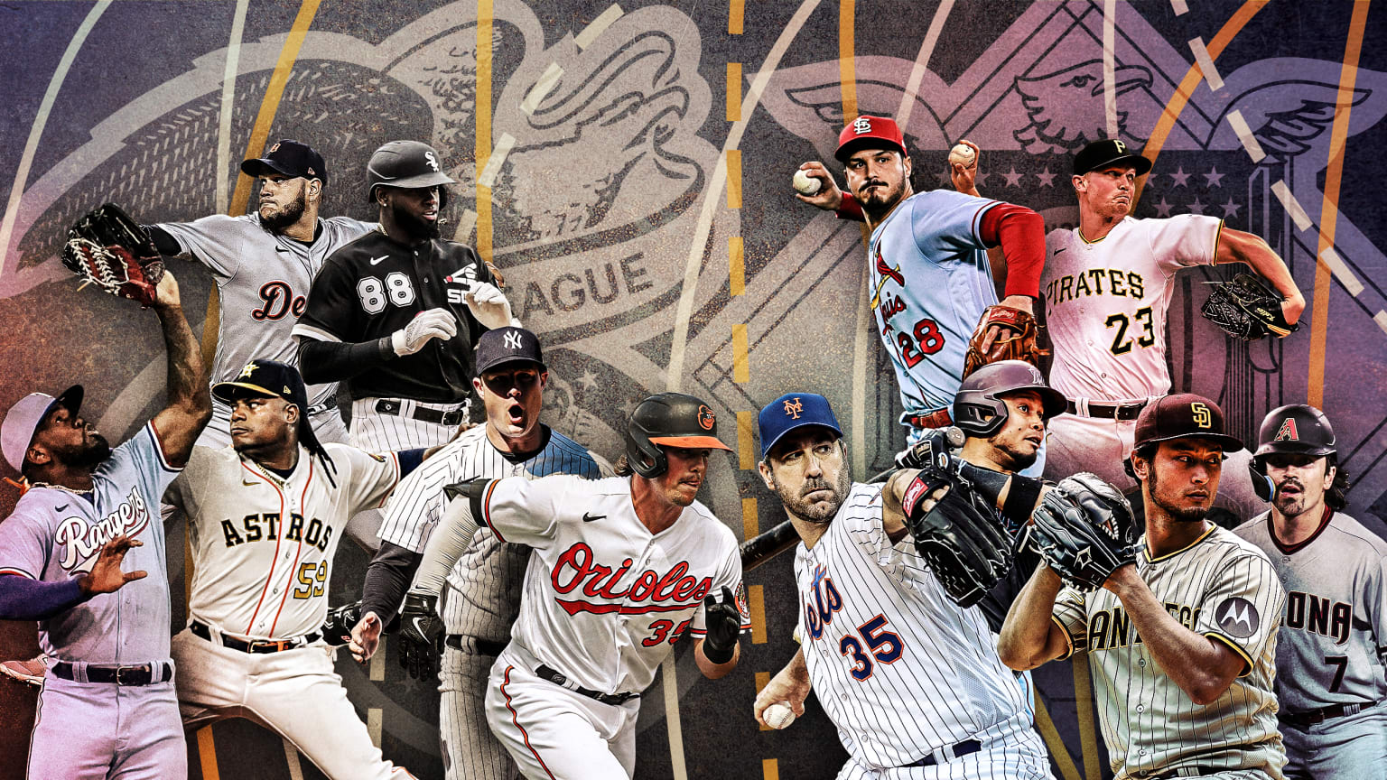 A collage of 12 players against a background of enlarged logos of the American League and National League