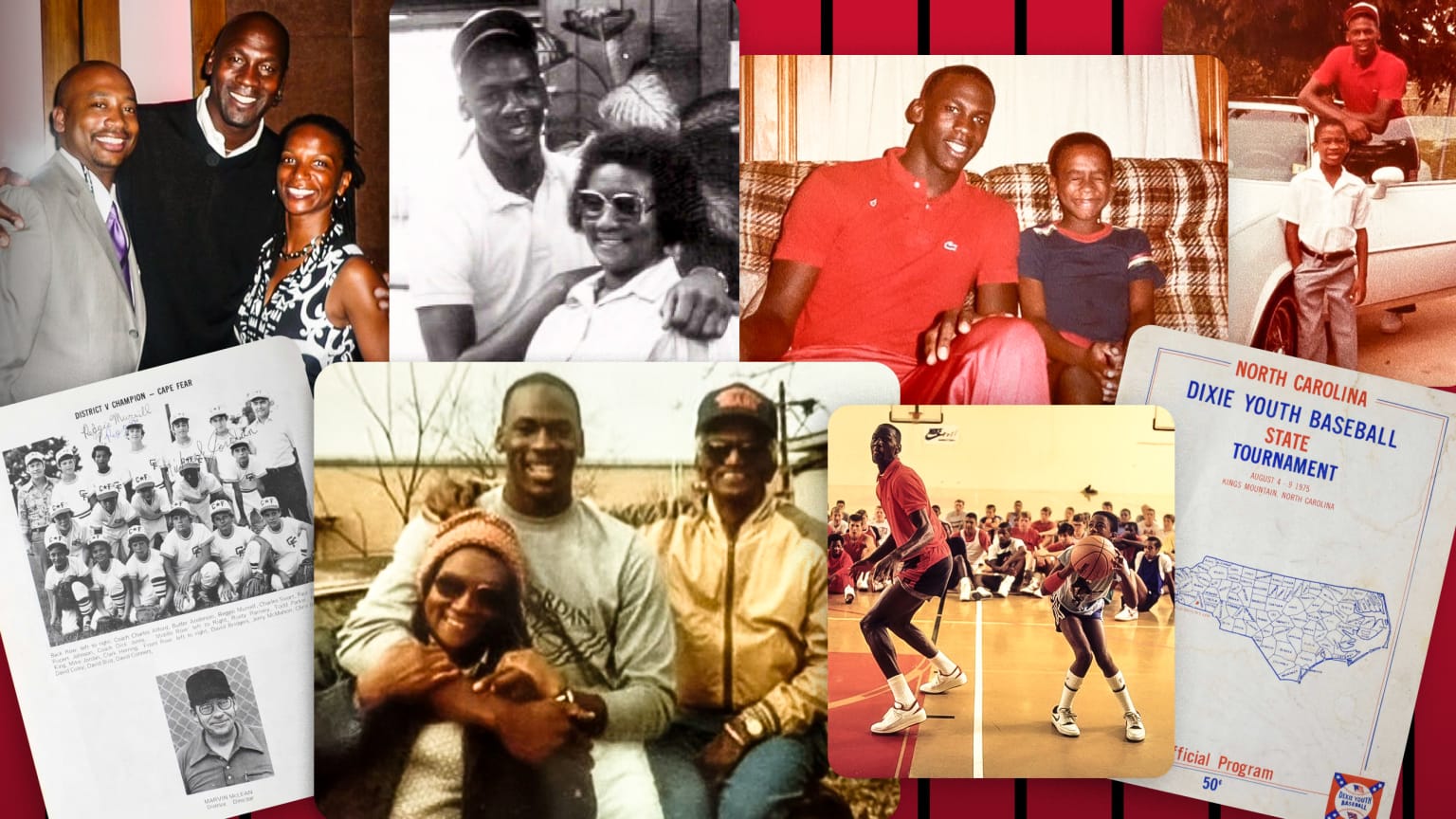 A collage of photos of a young Michael Jordan, along with a North Carolina baseball tournament program