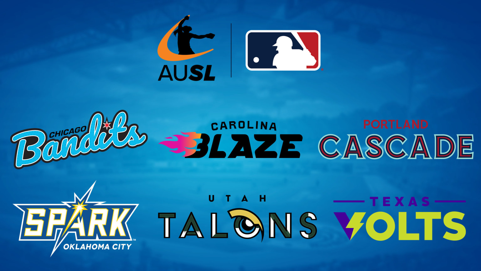 Logos for the Chicago Bandits, Carolina Blaze, Portland Cascade, Oklahoma City Spark, Utah Talons and Texas Volts