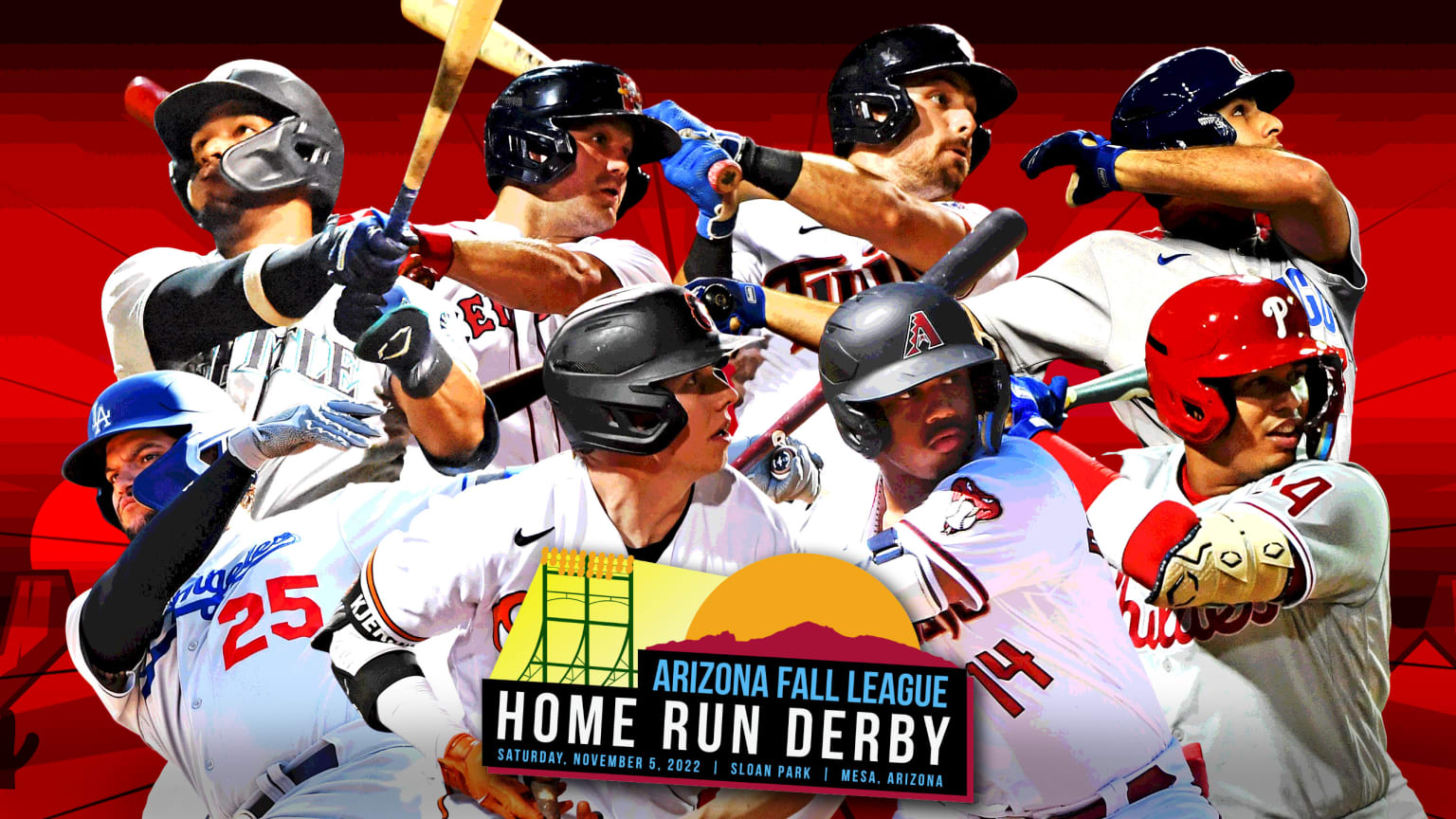 Eight players are pictured around a logo for the Arizona Fall League Home Run Derby