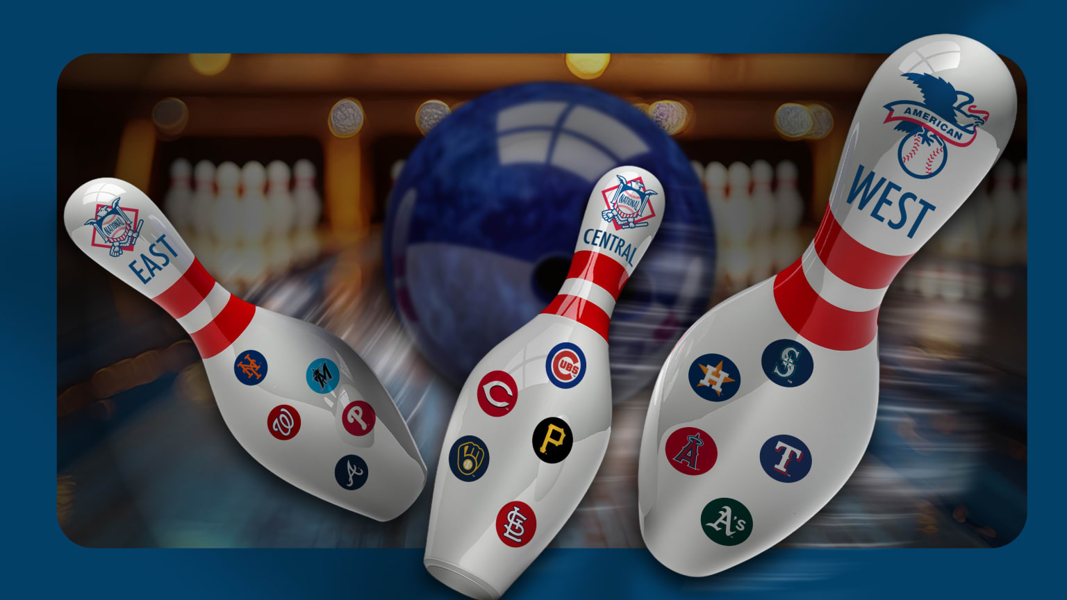 Bowling pins with logos for teams in the NL East, NL Central and AL West