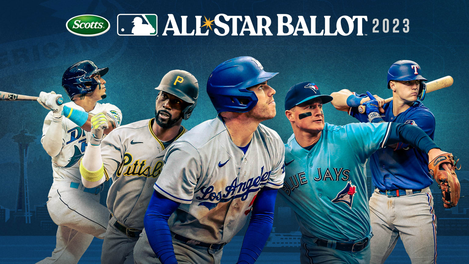 A designed image of Wander Franco, Andrew McCutchen, Freddie Freeman, Matt Chapman and Josh Jung under All-Star Ballot logo