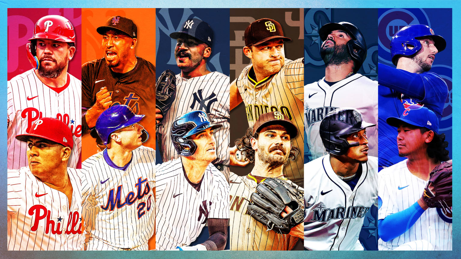 Images of 12 free agents with their 2025 teams' logos behind them Images of 12 free agents with their 2025 teams' logos behind them