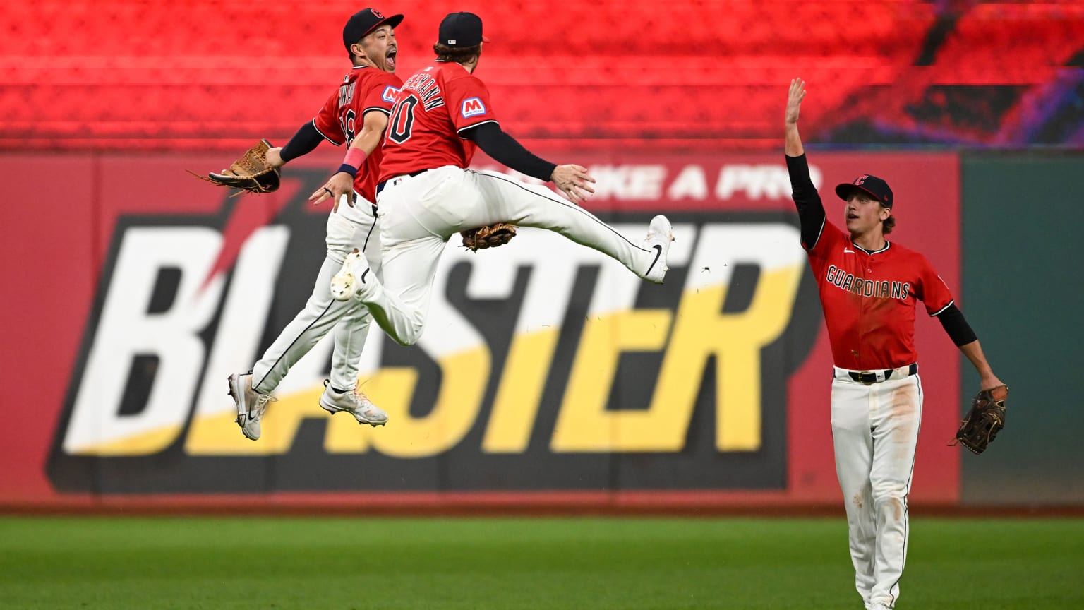 The Guardians celebrate after beating the Tigers in their series opener