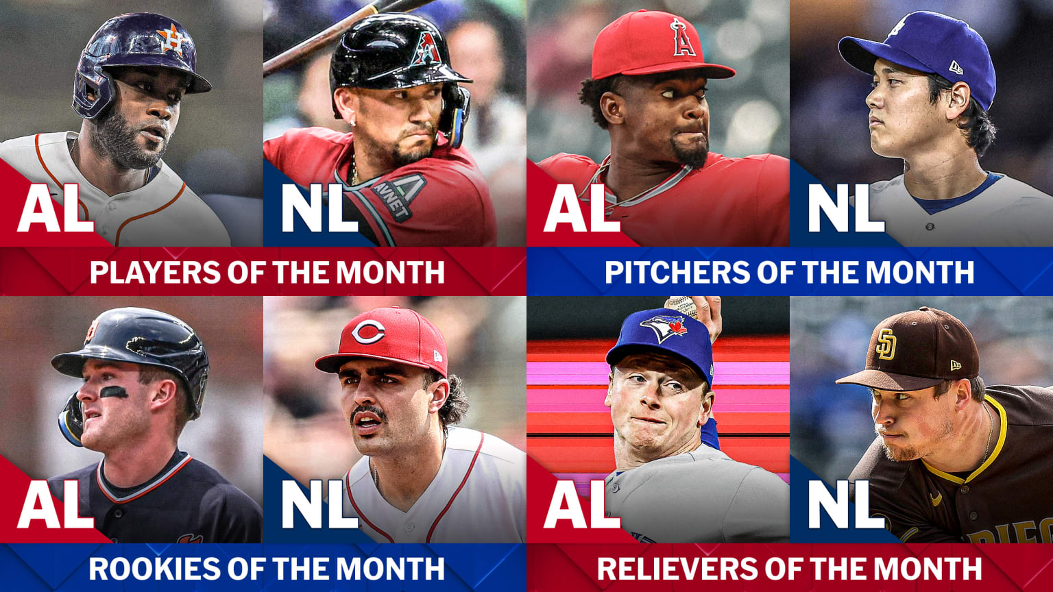 Images of the eight MLB award winners for April 2026