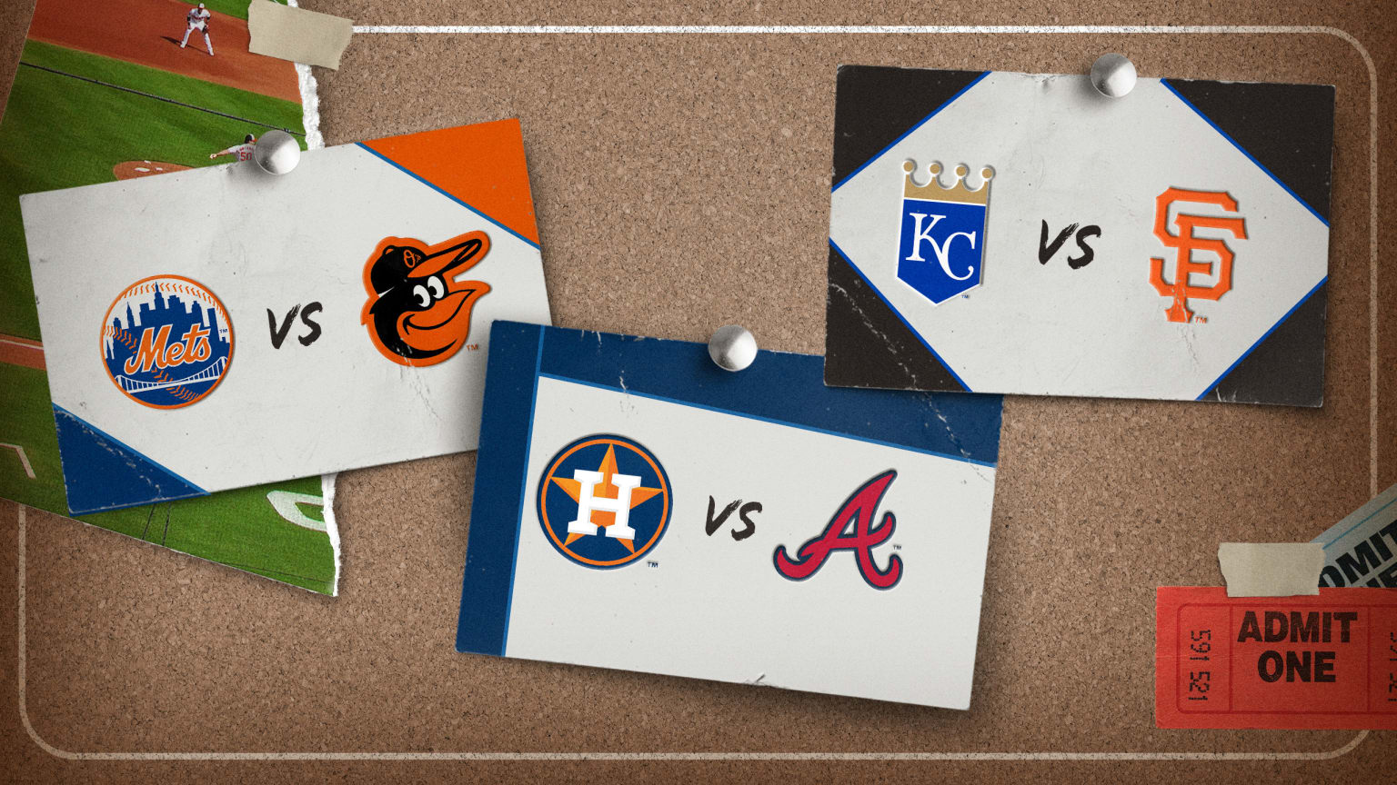 A designed image of cards on a post-it board featuring Mets-Orioles, Royals-Giants and Astros-Braves matchups
