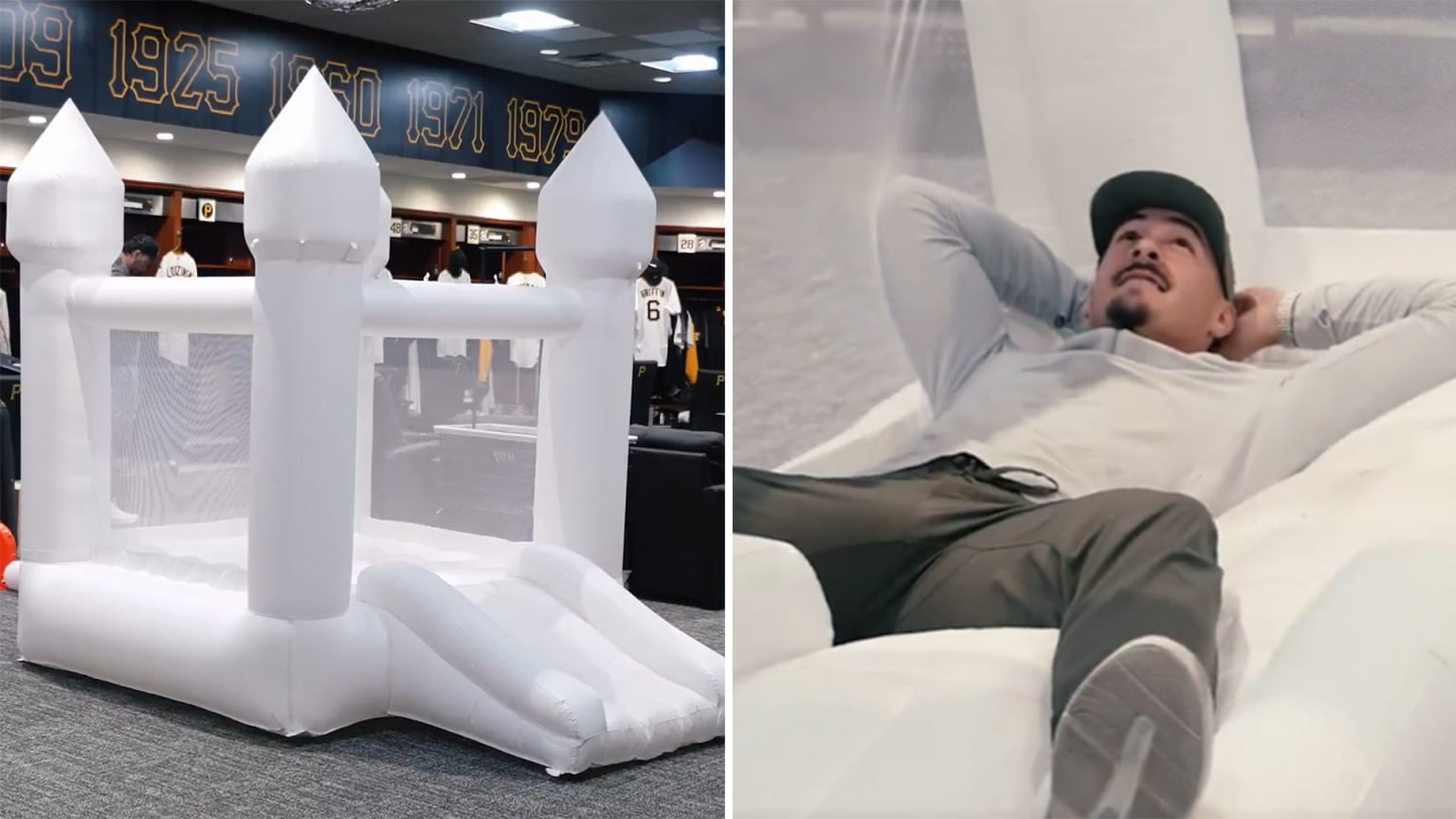 Split photos of a white bounce house and Pirates' Konnor Griffin laying down inside of it