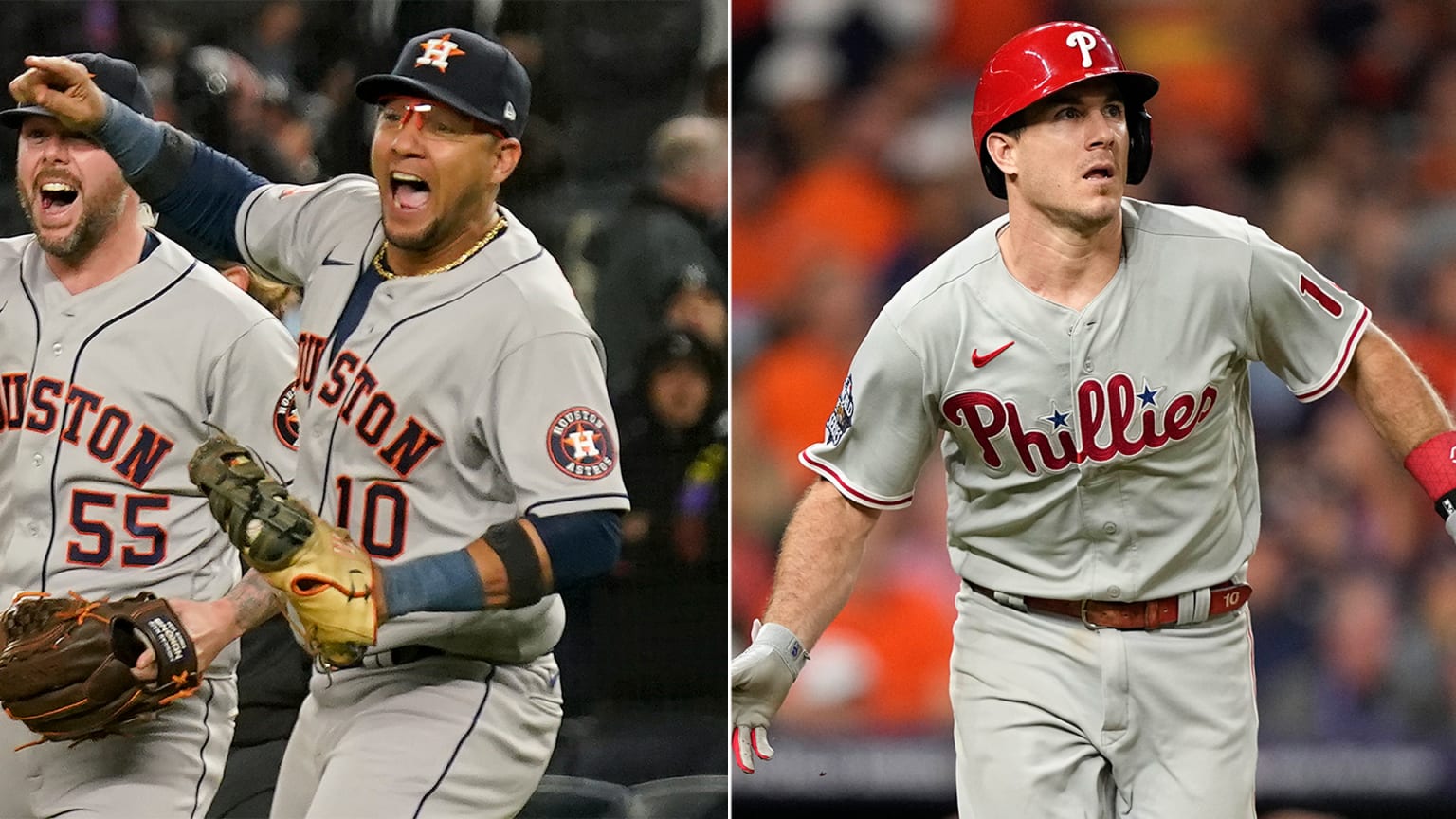 A split photo shows Yuli Gurriel on the left and J.T. Realmuto on the right.