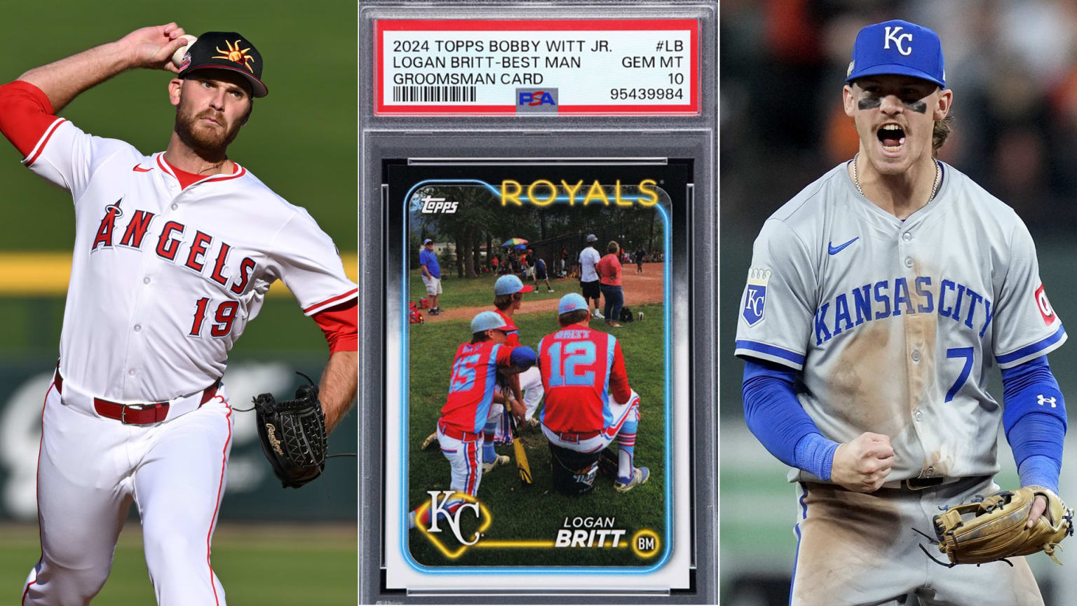 An image of Logan Britt and Bobby Witt Jr. with a baseball card invitation to Witt's wedding