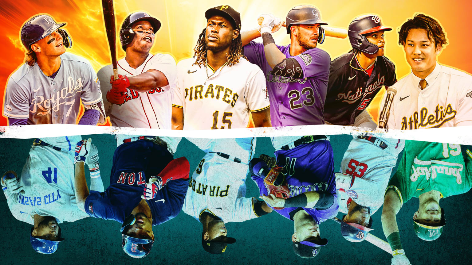A photo illustration showing players from six teams in front of a bright background on the top half, and players from those same six teams reflected upside-down over a dark background in the lower half